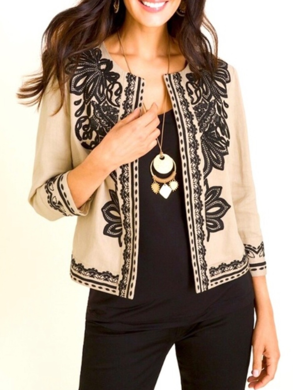 NWT Chicos 2 Womens 12 L Tan Sand Linen Open Jacket Black Embroidered 3/4 Sleeve